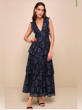 Lulu’s Molinetto Navy Blue Lace Ruffled Tiered Sleeveless Maxi Dress
